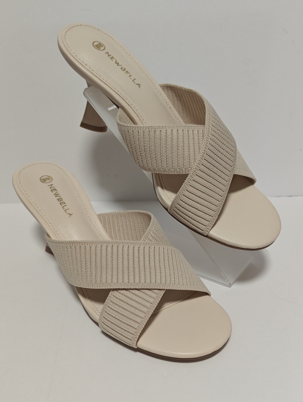 Newbella Women's Beige Knit Cross-Strap Mules